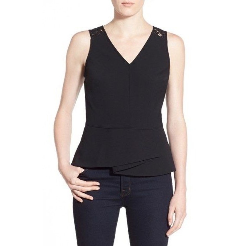 Chelsea 28 Black Lace V-Neck Peplum Sleeveless Fitted Preppy Top Women's Size XS
